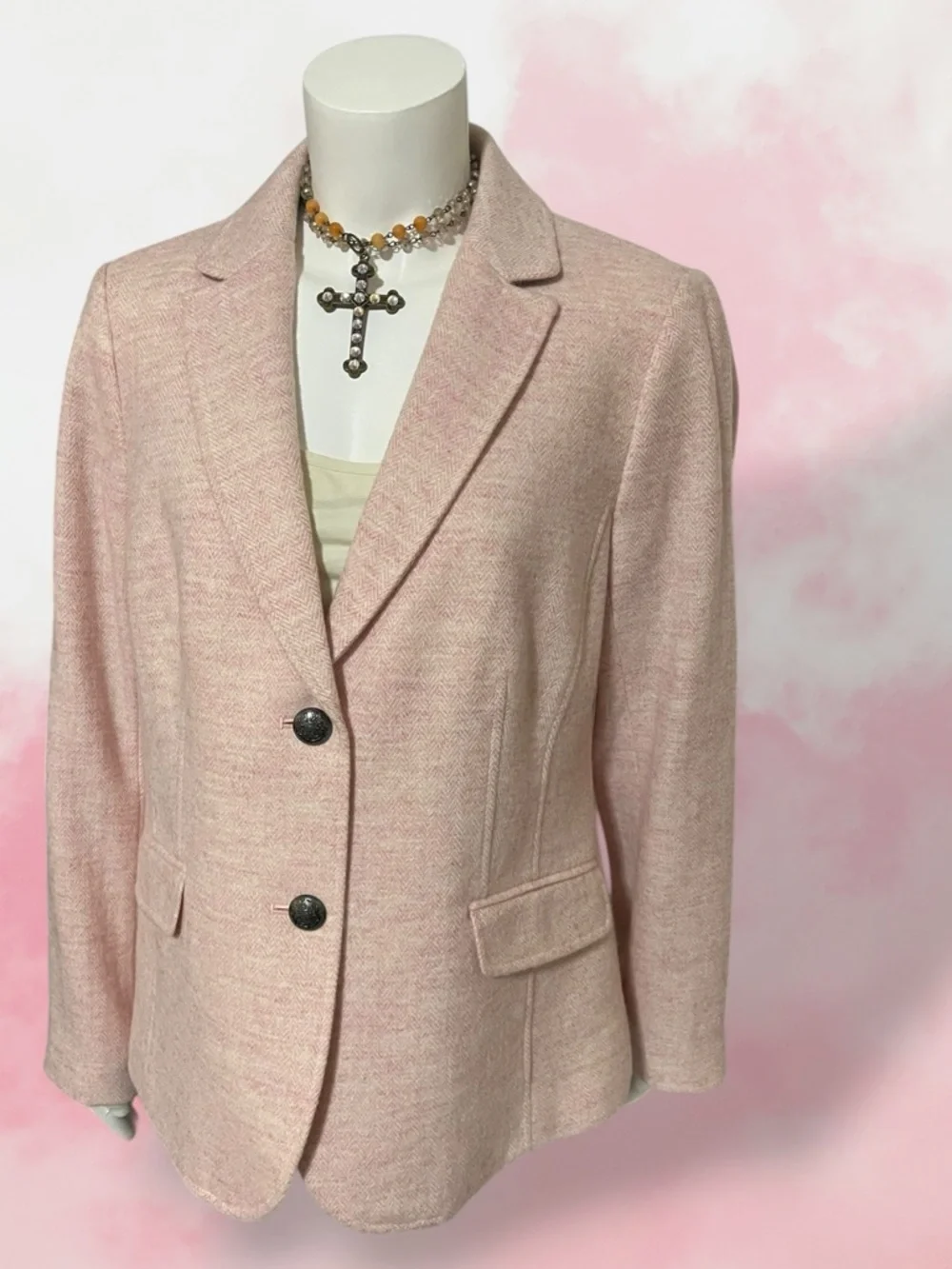 Talbots SHETLAND WOOL BLAZER - HEATHERED Houndstooth Size 12 Pink Lined